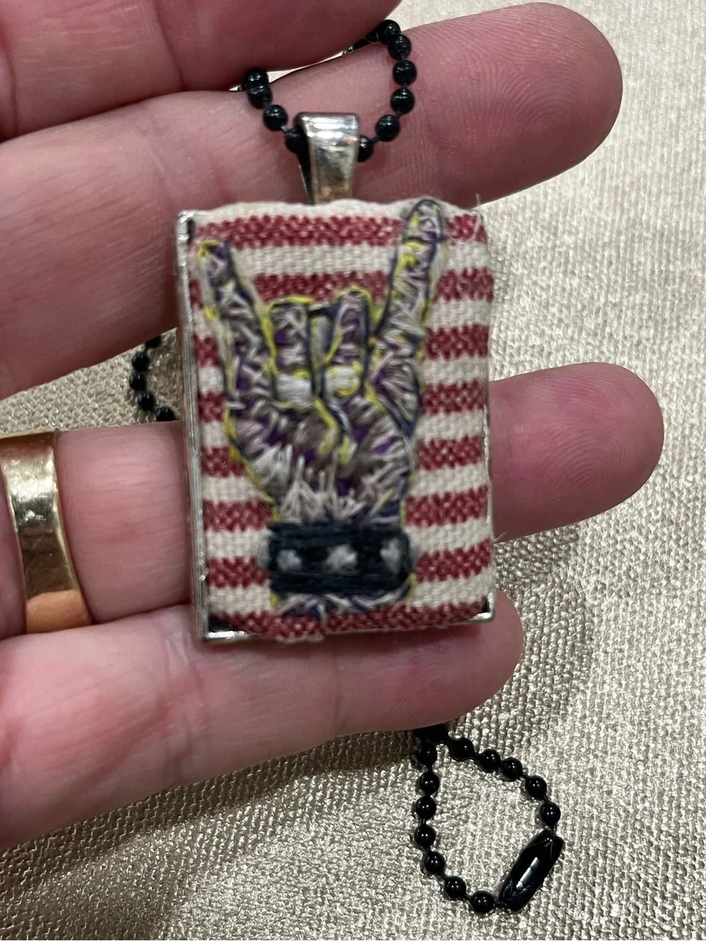 Hail Satan Hook em hand embroidered pendant and necklace